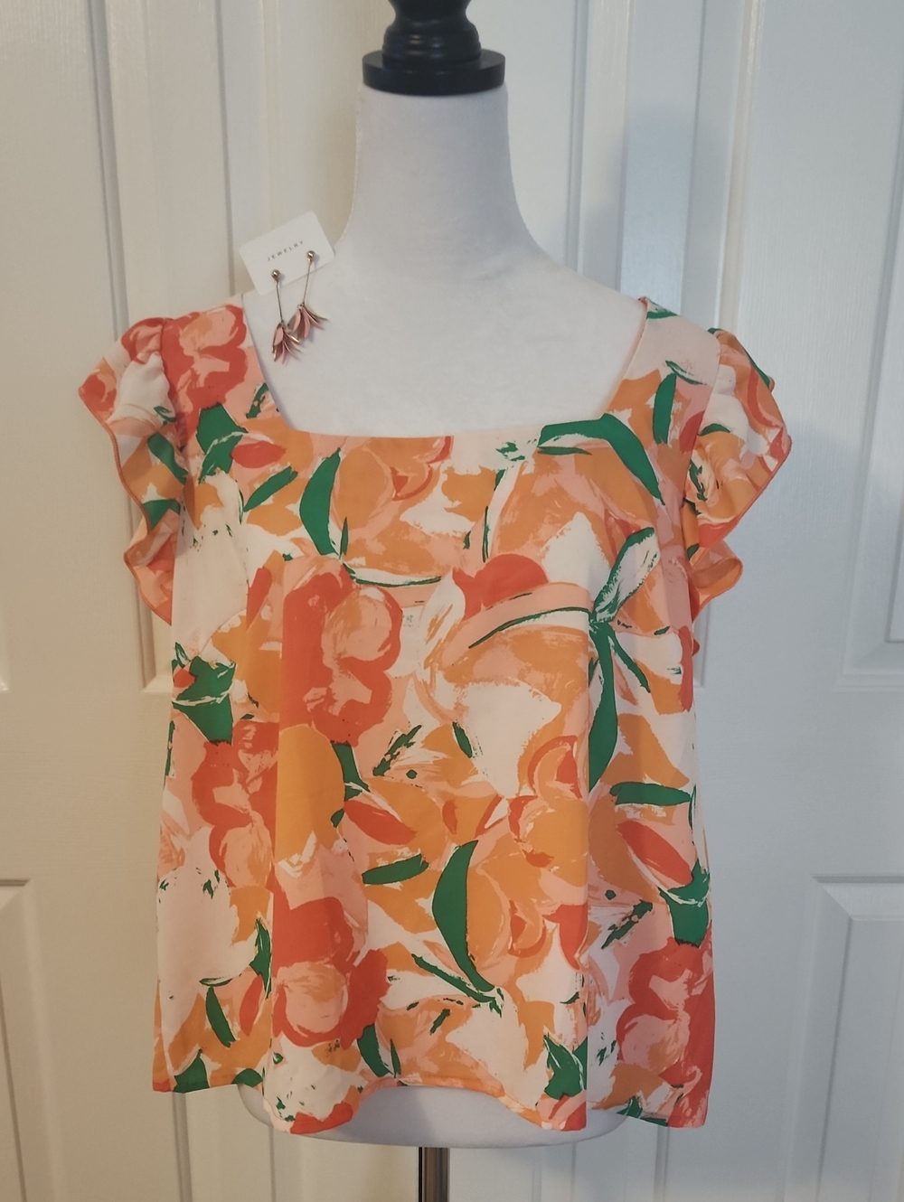 Floral Square-Neck Flutter Sleeve Top - Orange Multi